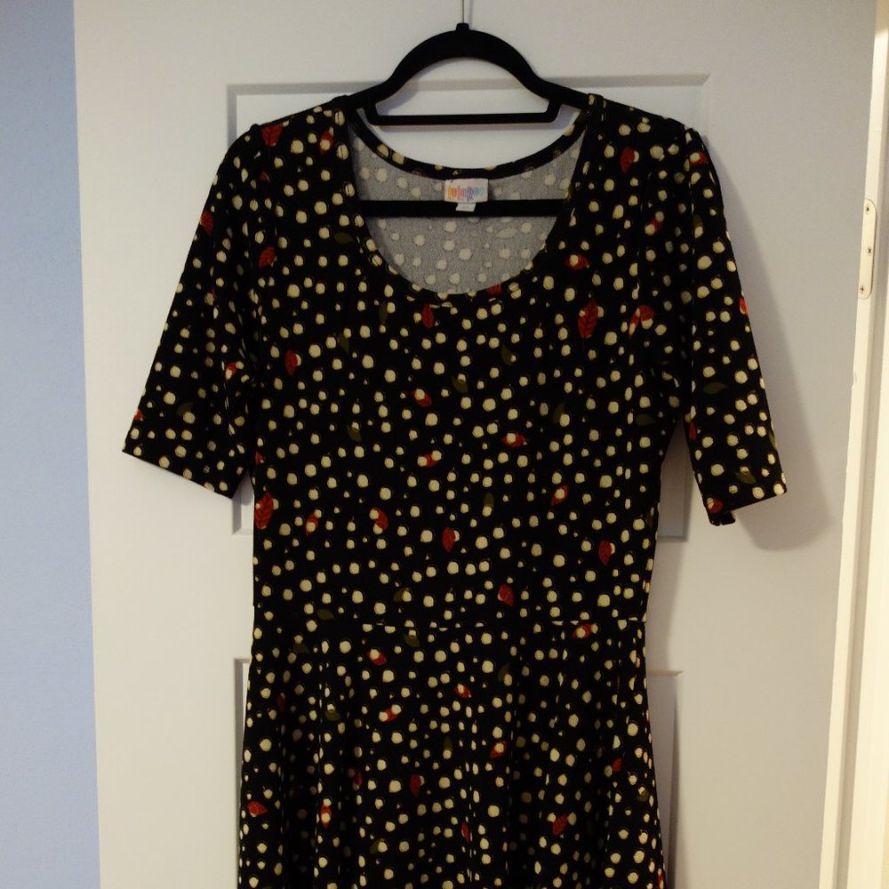 LuLaRoe Nicole Dress - Black w/White Dots & Leaves